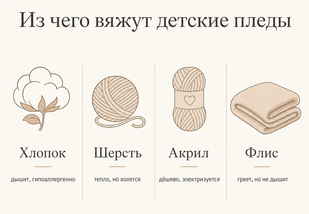Из чего вяжут детские пледы: хлопок, шерсть, акрил и флис